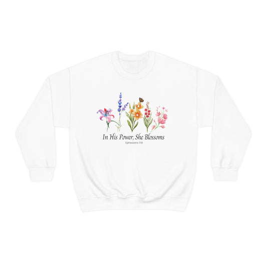 In His Power, She Blossoms - Heavy blend crewneck sweatshirt